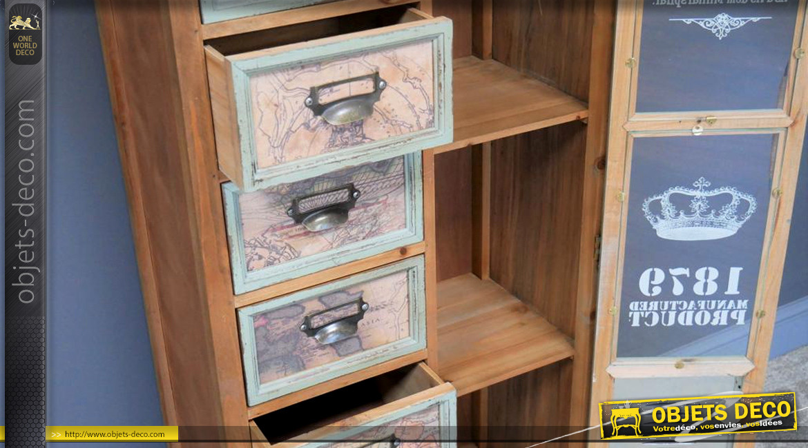 Meuble d'appoint à tiroirs en bois de sapin avec impressions de vieilles cartes maritimes, porte vitrée et métal ambiance vestiaire, 127cm