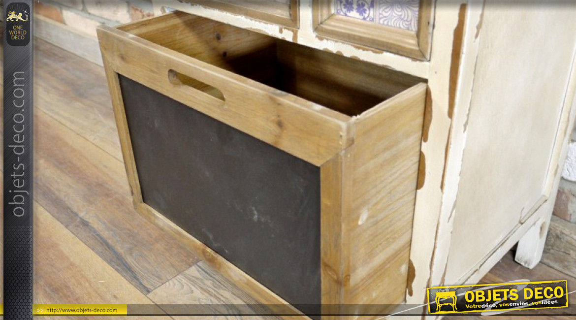 Meuble d'appoint en bois et métal avec tiroirs et casiers, finitions usées ambiance vintage ancien meuble de métier, 141cm