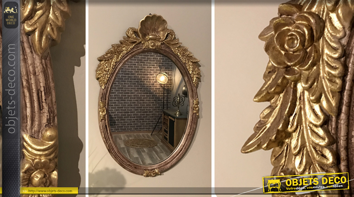 Grand miroir mural de style baroque avec coquille,  finition dorée effet ancien, ambiance chambre de princesse, 93cm