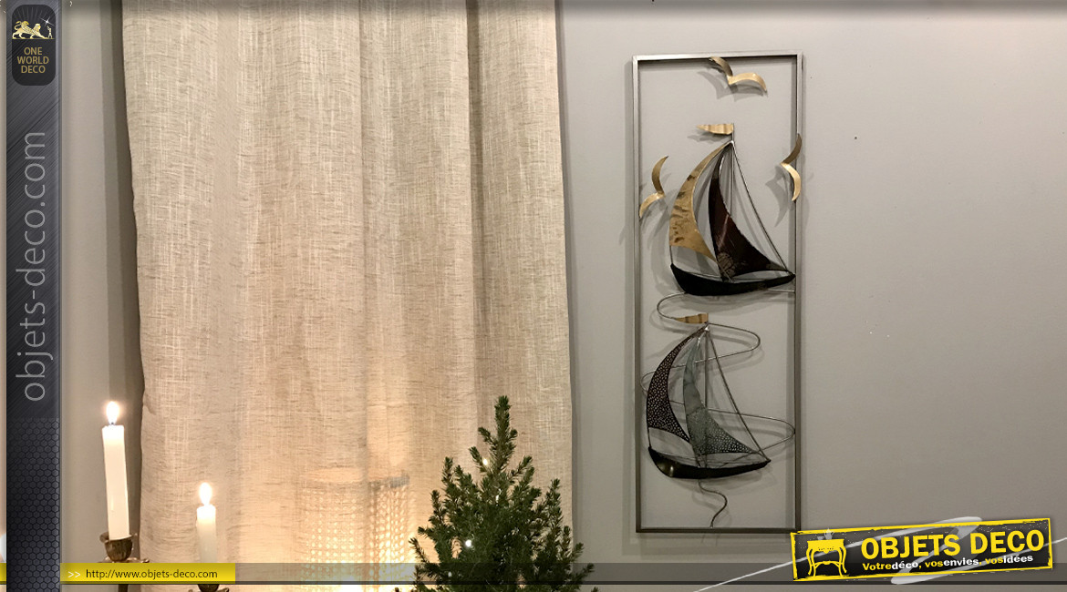 Décoration murale en métal sans fond, représentation de deux modestes galions, ambiance bord de mer moderne, 90cm