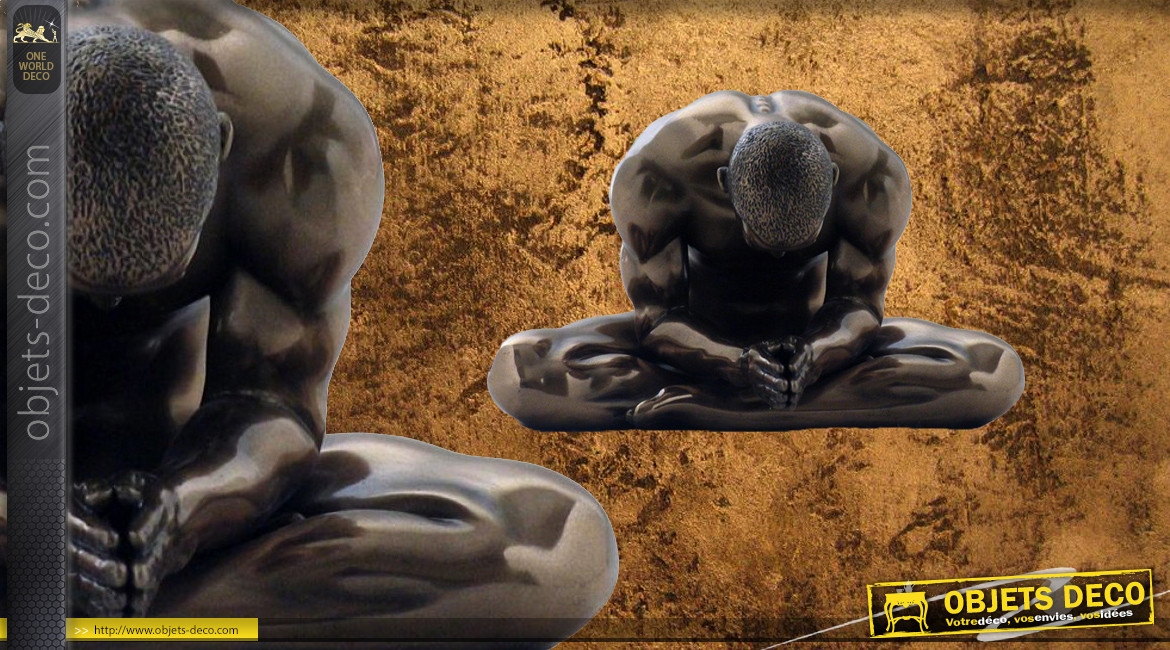 Respiration et méditation, représentation d'un homme en position du Lotus, en résine finition vieux bronze, collection Nudités, 13cm