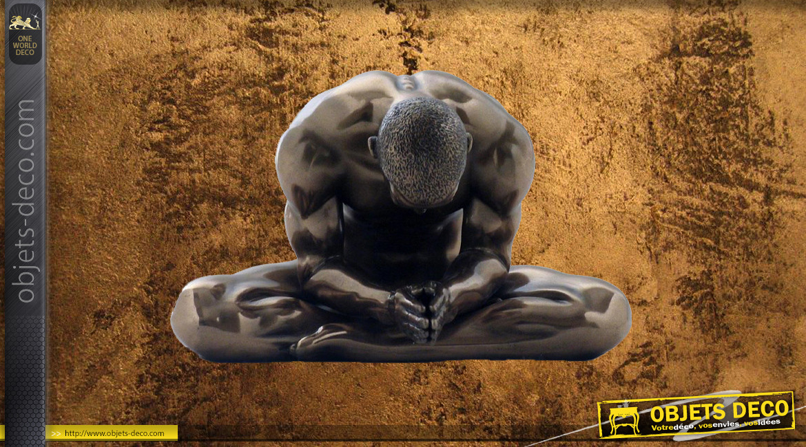 Respiration et méditation, représentation d'un homme en position du Lotus, en résine finition vieux bronze, collection Nudités, 13cm