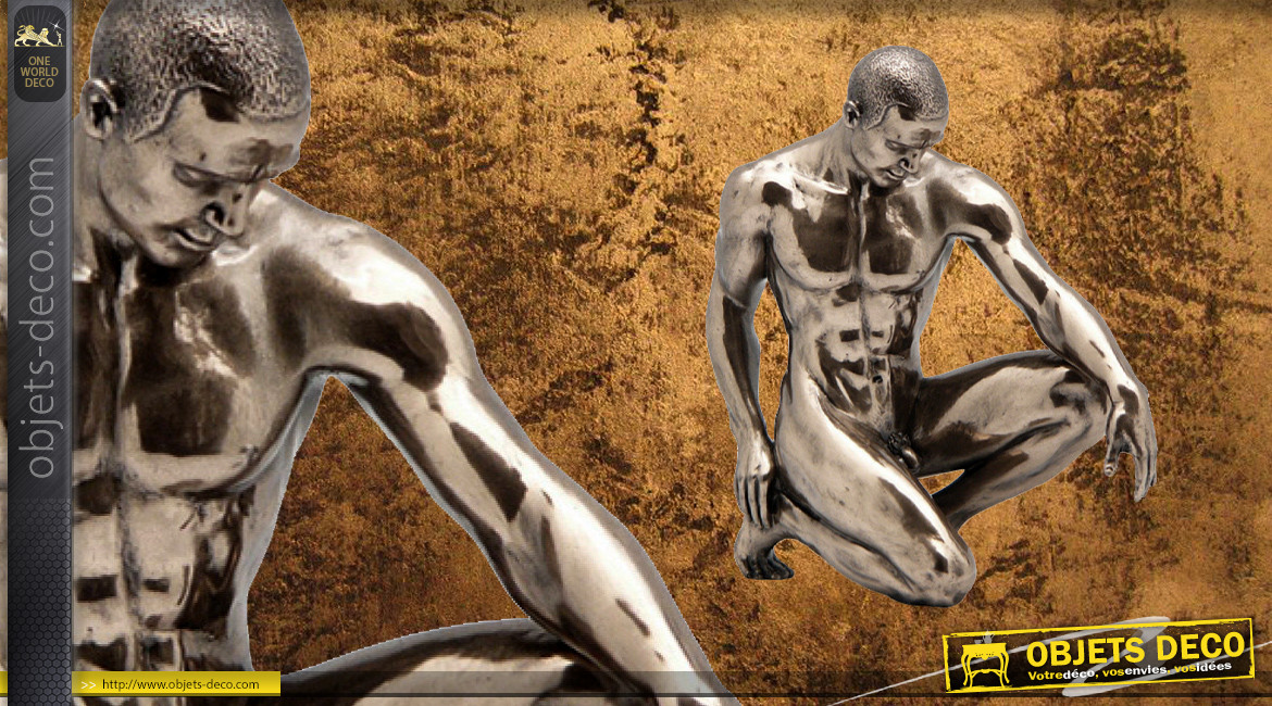 Soumission et élégance, représentation d'un homme nu avec genoux à terre, en résine finition cuivrée bronze, collection Nudités, 15cm