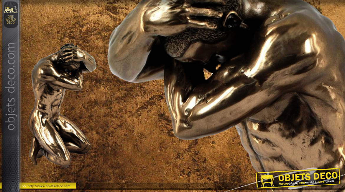 Défense et stratégie, représentation d'un homme nu en position de défense, en résine finition bronze doré, collection Nudités, 14cm