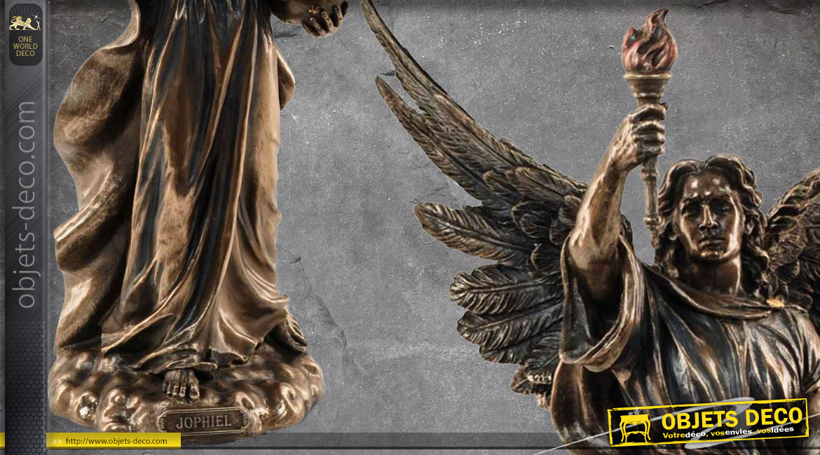Archange Jophiel, représentation de l'ange de l'art et de la beauté en résine, finition laiton vieilli, collection Terre des Dieux, 34cm