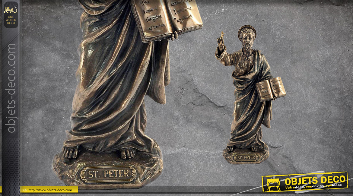Saint Pierre, représentation du prince des apôtres en résine, finition laiton bronze effet vieilli, collection Terre des Dieux, 21cm