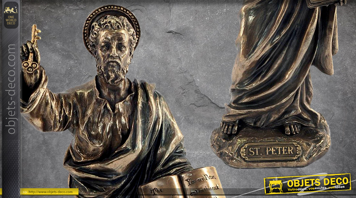 Saint Pierre, représentation du prince des apôtres en résine, finition laiton bronze effet vieilli, collection Terre des Dieux, 21cm