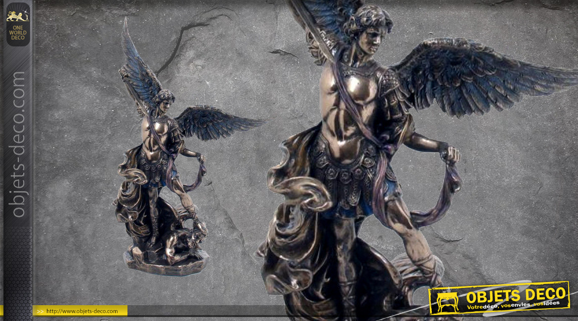 Archange Saint-Michel, représentation du chef des forces du ciel sur démon au sol, en résine finition bronze laiton, collection Terre des Dieux, 26cm