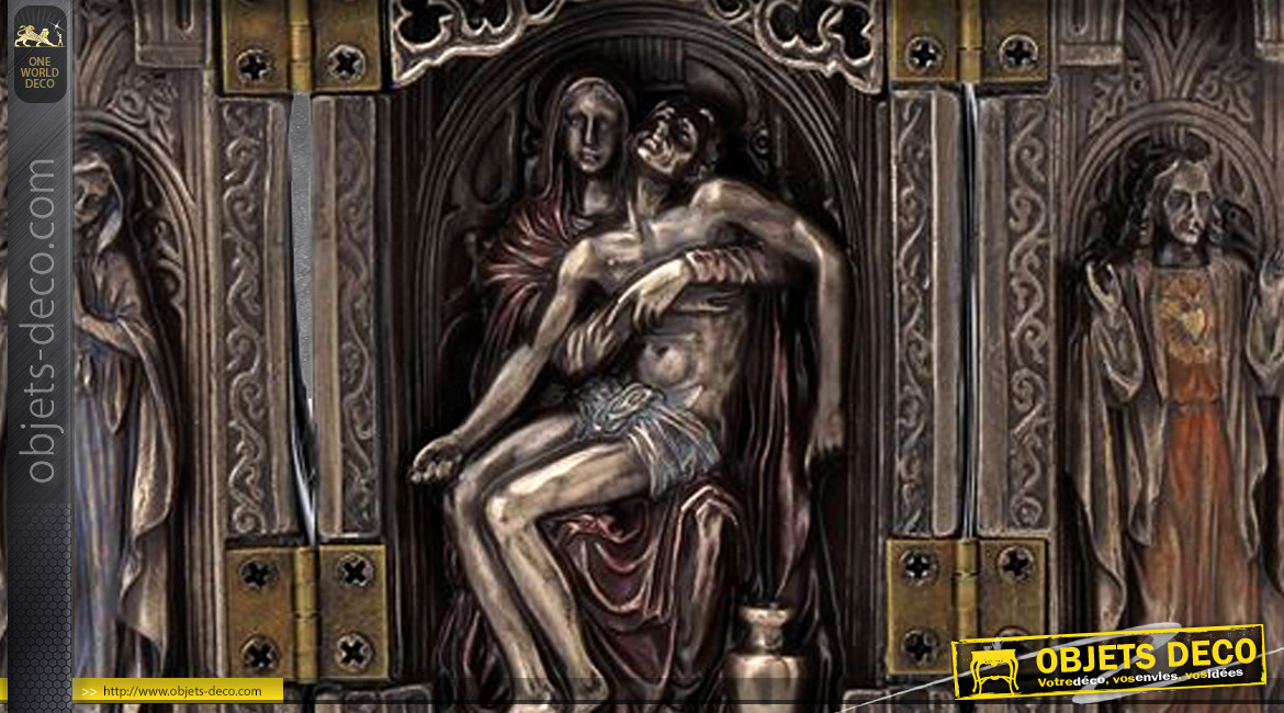 Vierge de Pitié, représentation de la Pietà avec la vierge Marie et sculpture au centre, en résine finition bronze ancien, collection Terre des Dieux, 20cm