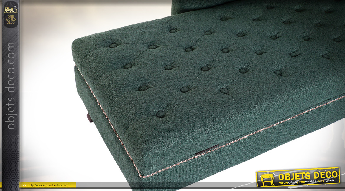 Méridienne-coffre en tissu, finition vert anglais clous de tapissier brillants, ambiance classique, 160cm