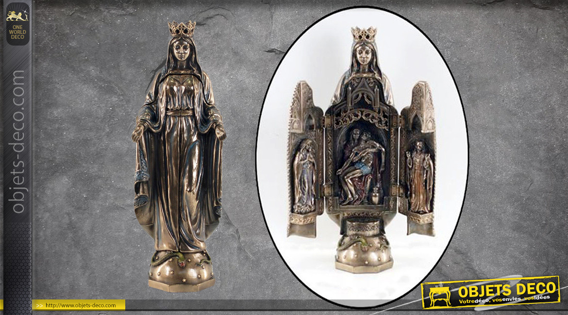 La vierge Marie, représentation de la sainte avec scène sculptée à l'intérieur, en résine finition bronze vieilli doré, collection Terre des Dieux, 28cm