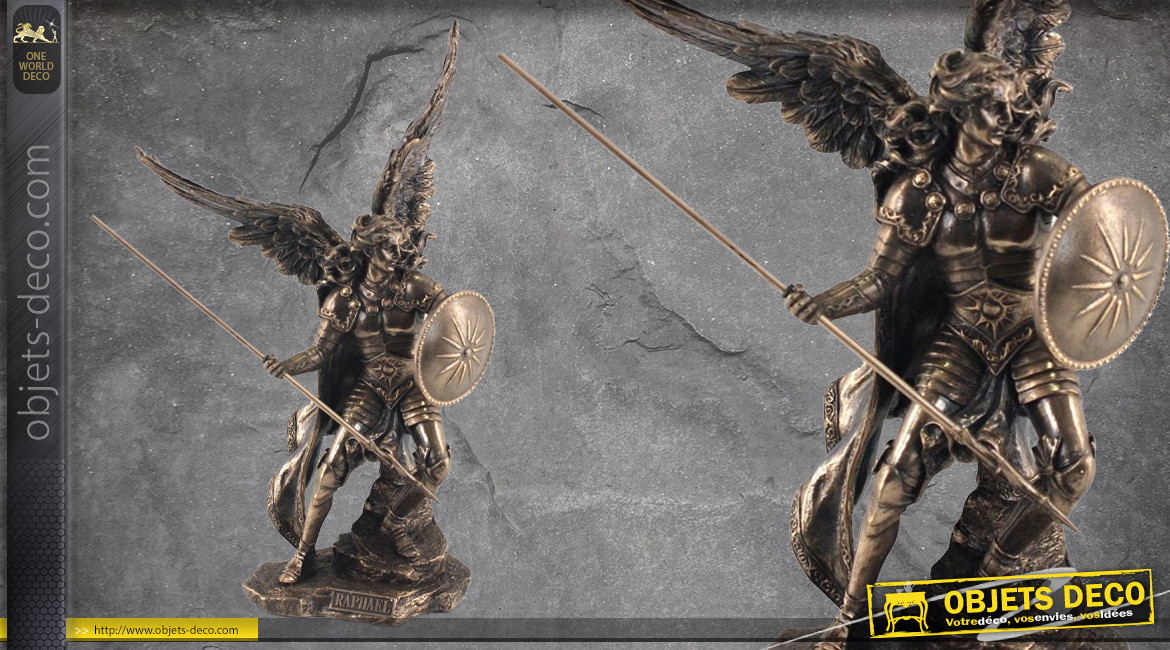 Archange Raphaël, représentation de l'ange patron des voyageurs, en résine finition bronze vieilli, collection Terre des Dieux, 37cm