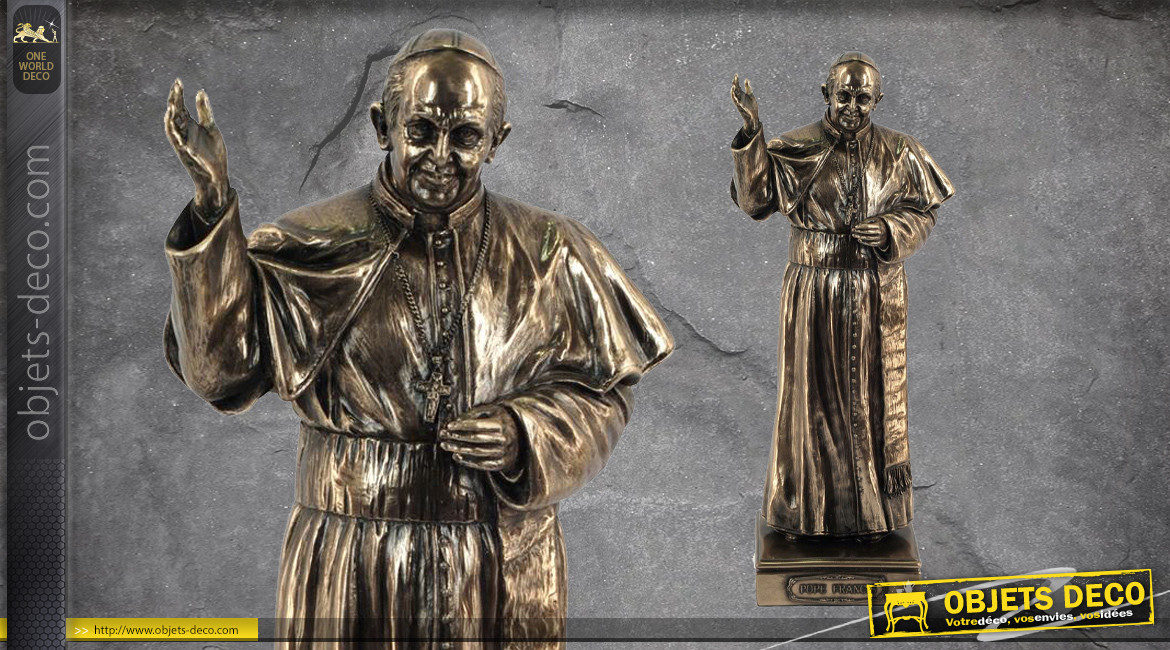 Pape François I, représentation du 266e pape de l'église catholique, en résine finition dorée effet bronze laiton, collection Terre des Dieux, 27cm