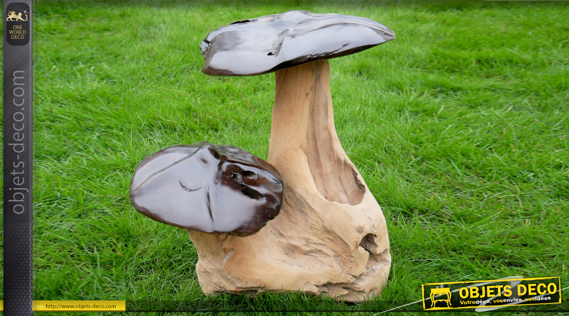 Sculpture de champignons en teck massif recyclé, ambiance rustique  finitions naturelles, 45cm