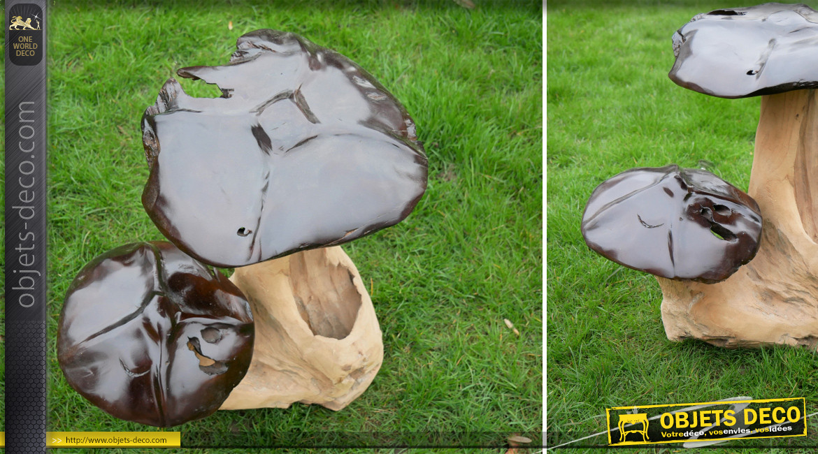 Sculpture de champignons en teck massif recyclé, ambiance rustique finitions naturelles, 45cm
