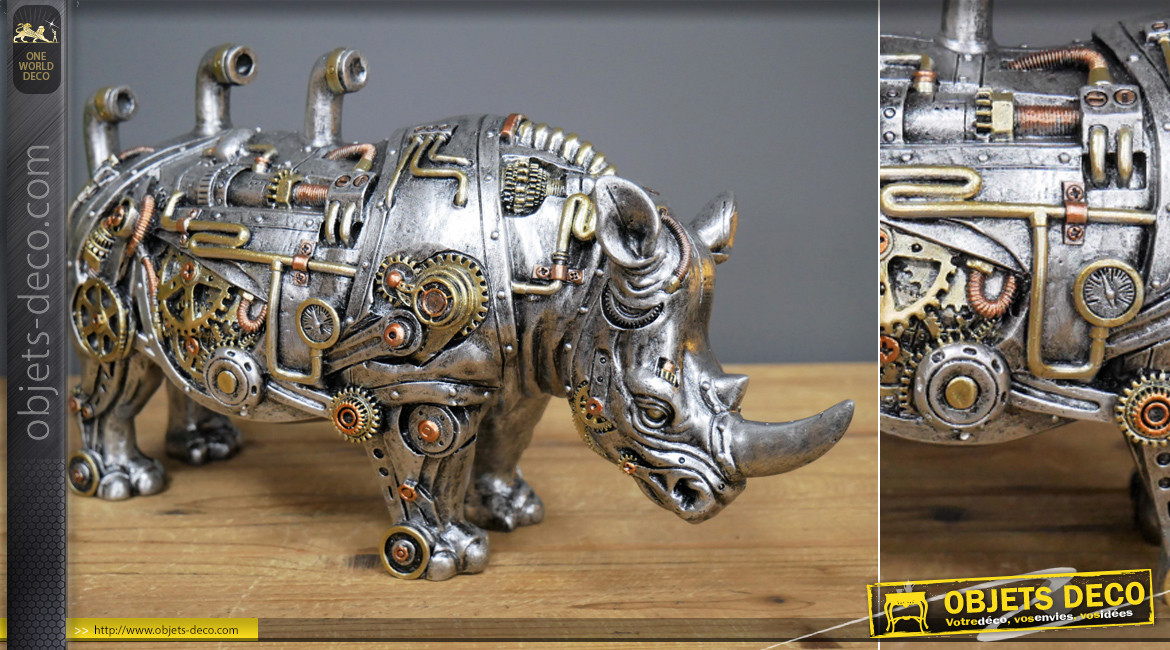 Rhinocéros en version Steampunk, décoration en résine effet métal, finition dorée et cuivrée, ambiance moderne période victorienne, 32cm