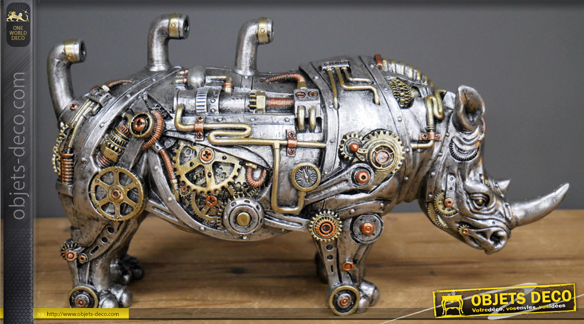 Rhinocéros en version Steampunk, décoration en résine effet métal, finition dorée et cuivrée, ambiance moderne période victorienne, 32cm
