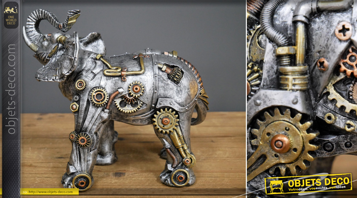 Eléphant en résine en version Steampunk, finition effet métal doré et cuivré, ambiance safari robotisé, 22cm
