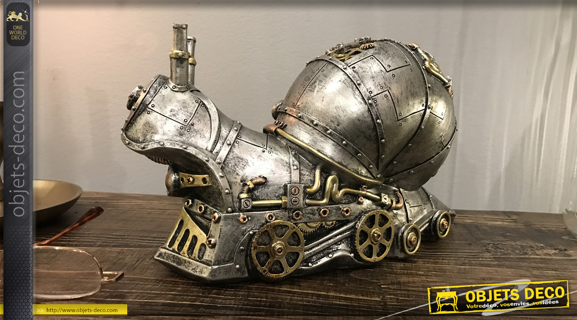 Escargot en version Steampunk, décoration animalière à poser finition cuivre et dorée effet métal, ambiance robots et machines, 26cm
