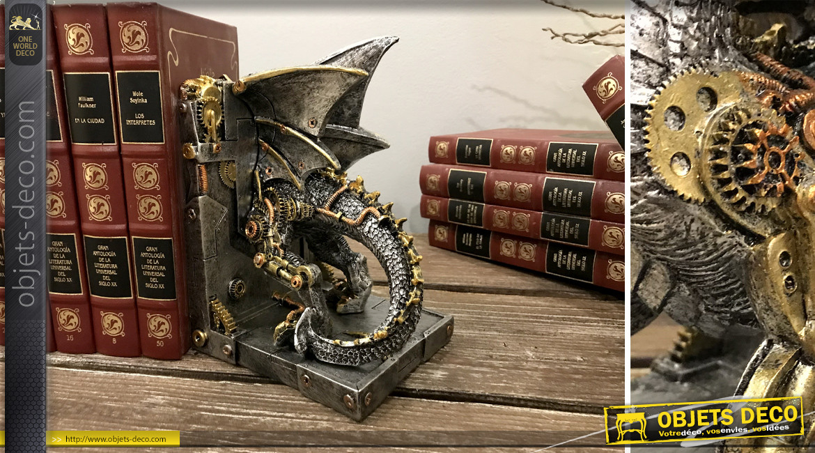 Paire de serre livres en résine en forme de dragon, effet métal anthracite avec engrenages dorés et cuivrés, collection Steampunk, 20cm