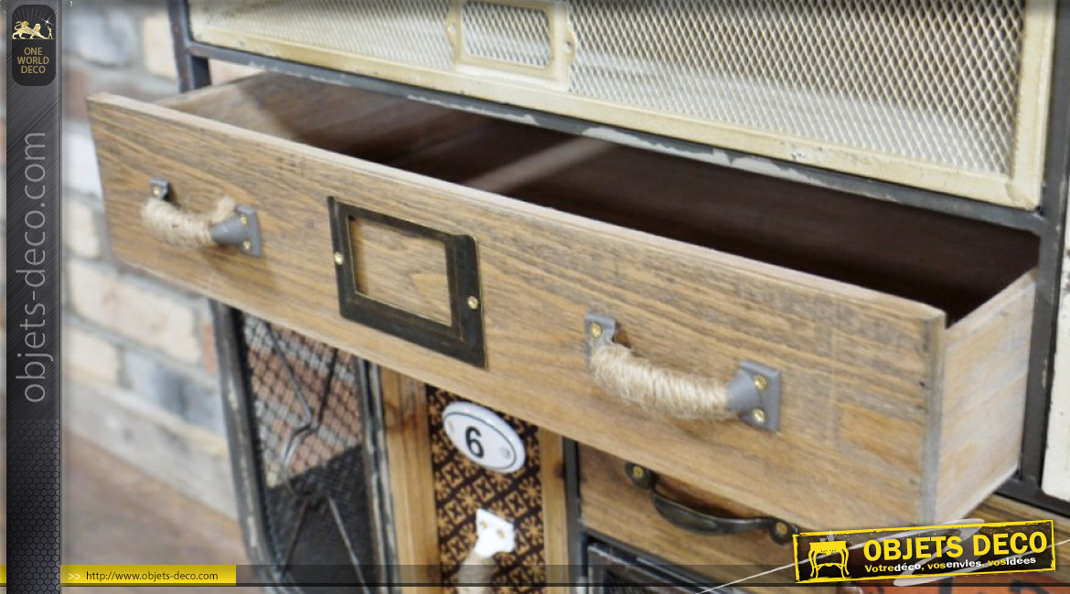 Meuble d'appoint en bois et métal, 7 tiroirs de rangements, ambiance indus vintage avec grillage et notes de cordes, 73cm
