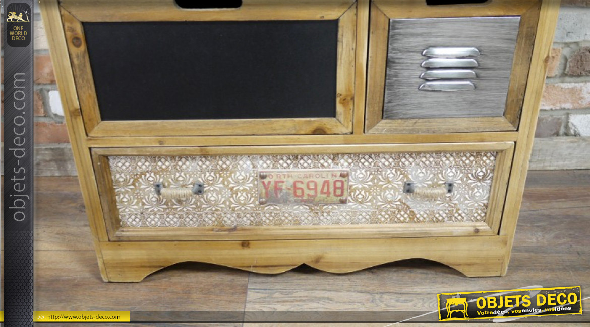 Meuble de rangement en bois de style indus vintage, finition claire avec façades des 24 tiroirs habillées, 152cm