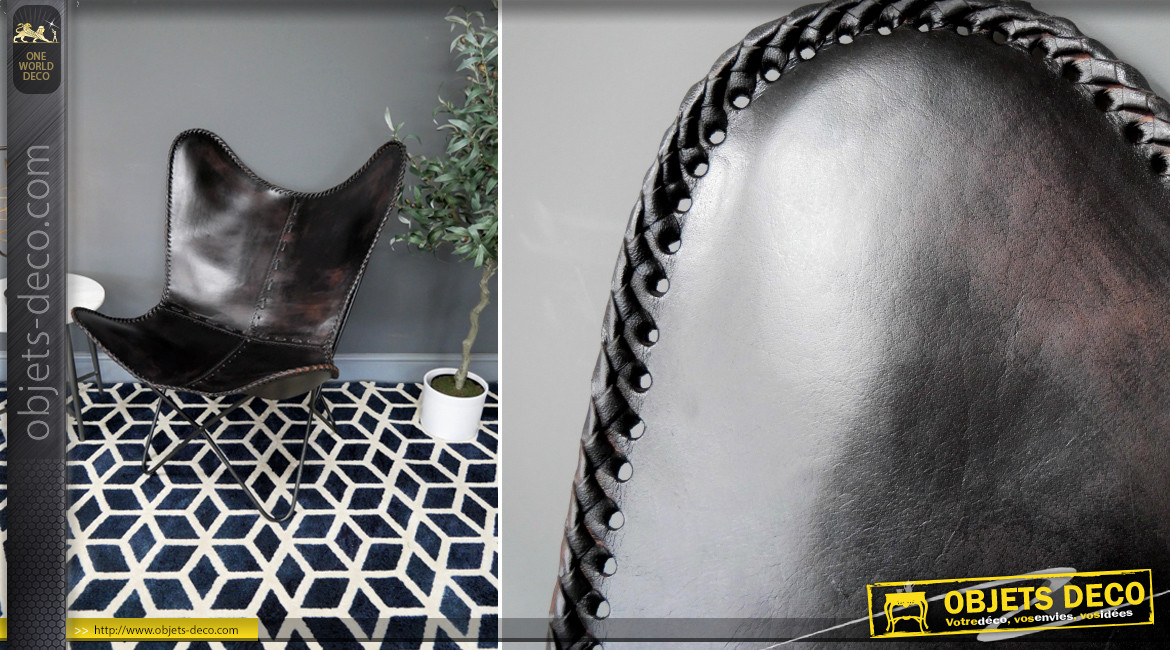 Série de 2 fauteuils papillon en cuir véritable teinté noir charbon et métal finition foncée effet brossé, ambiance chic authentique, 94cm