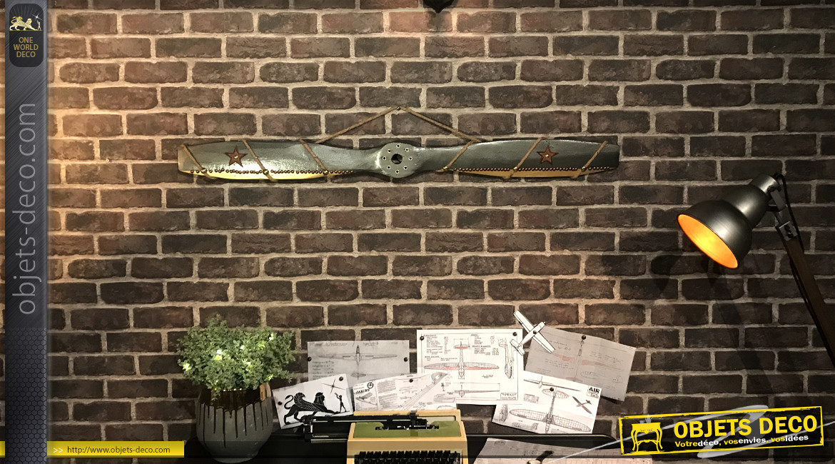 Hélice d'avion décorative en bois et ornements en métal, corde et cuir, modèle Douglas 0-38, 120cm
