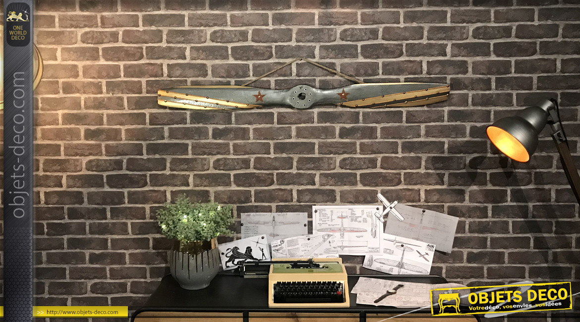 Hélice d'avion décorative en bois effet métal anthracite, ornements en cuir et métal, modèle Felixstowe 1915, 120cm