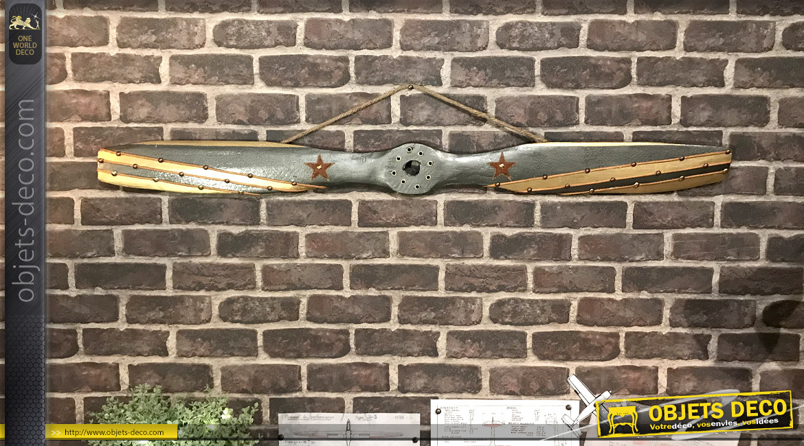 Hélice d'avion décorative en bois effet métal anthracite, ornements en cuir et métal, modèle Felixstowe 1915, 120cm
