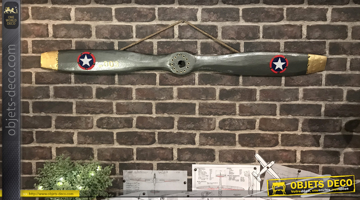 Hélice d'avion décorative en bois finition métal, ornement en métal effet laiton et feutrine, modèle Royal Aircraft Factory 1914, 120cm