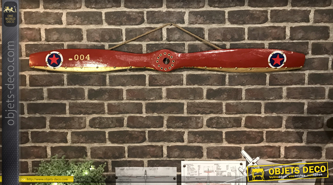 Hélice d'avion décorative en bois, fond rouge anglais et ornements en métal effet laiton, modèle Royal Aircraft Factory SE5 de 1917, 120cm