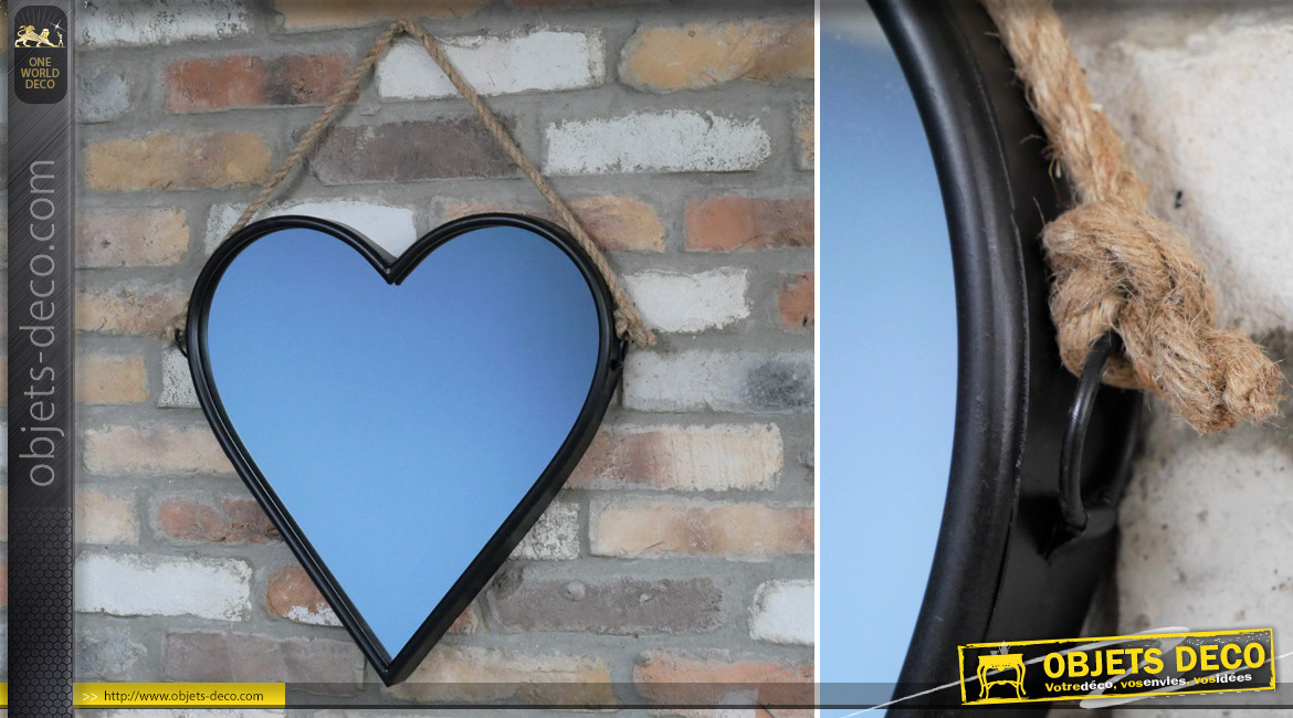 Miroir mural en forme de coeur, encadrement noir charbon et corde de suspension, ambiance romantico moderne, 47cm