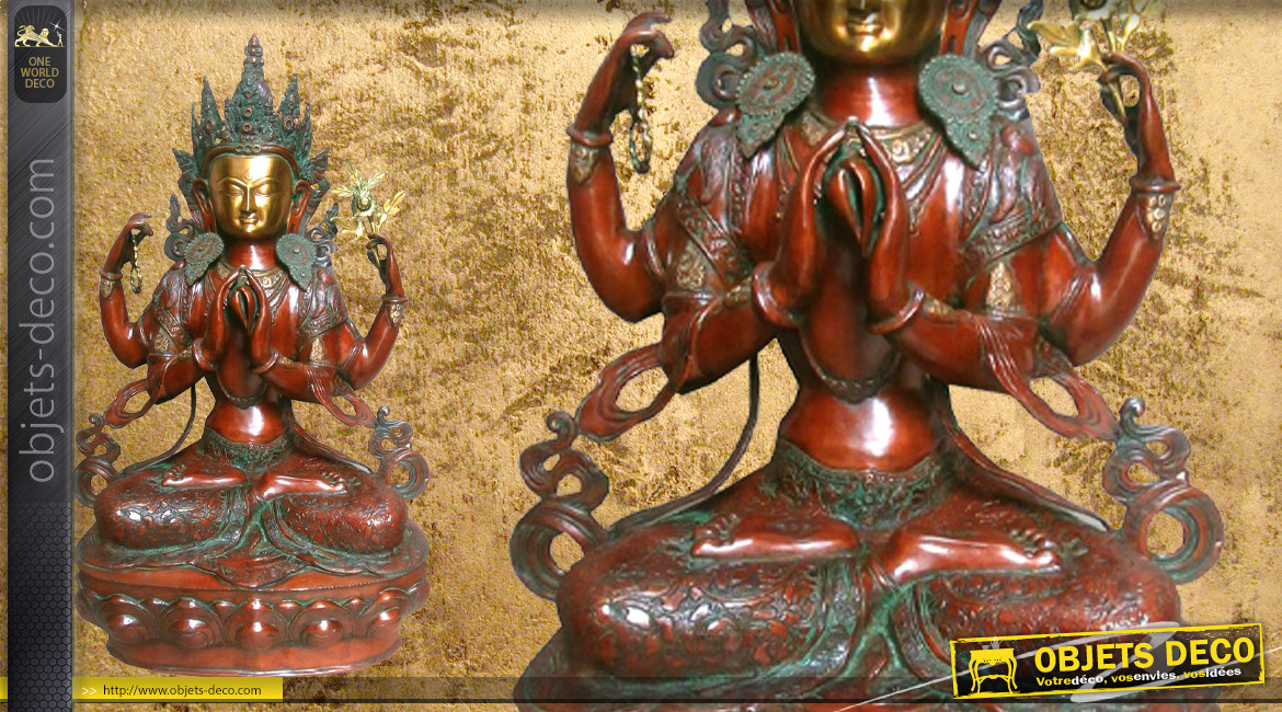 Grande représentation de bouddha en laiton massif, Kharchari assis finition colorée et vieillie, 40kg - 96cm
