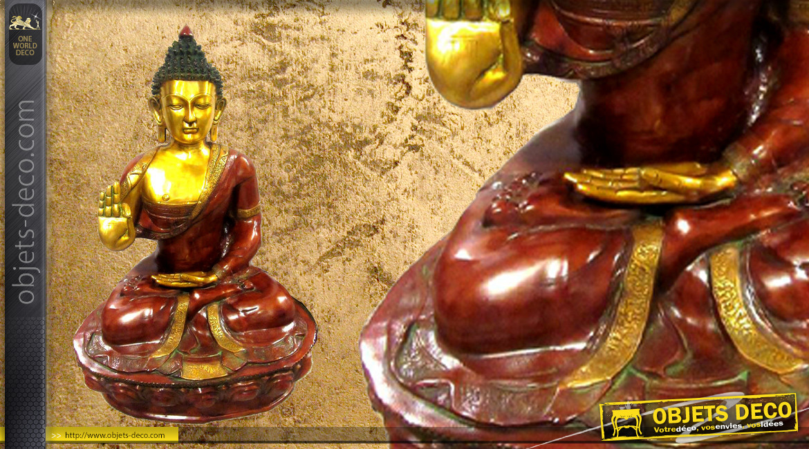 Grande sculpture de Bouddha en laiton massif finition rouge carmin vieilli et doré brillant, 84kg - 115cm