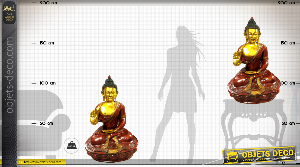 Grande sculpture de Bouddha en laiton massif finition rouge carmin vieilli et doré brillant, 84kg - 115cm