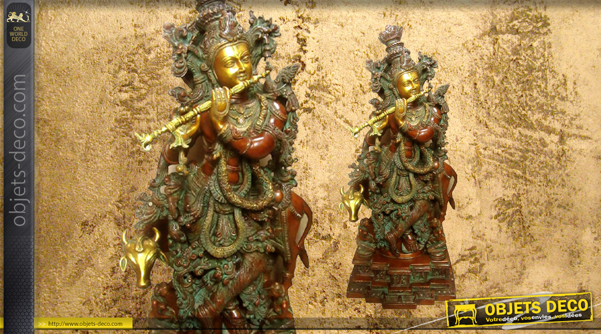Sculpture en laiton massif représentant la déese Krishna avec un animal sacré, finition effet vieilli, 35kg - 70cm