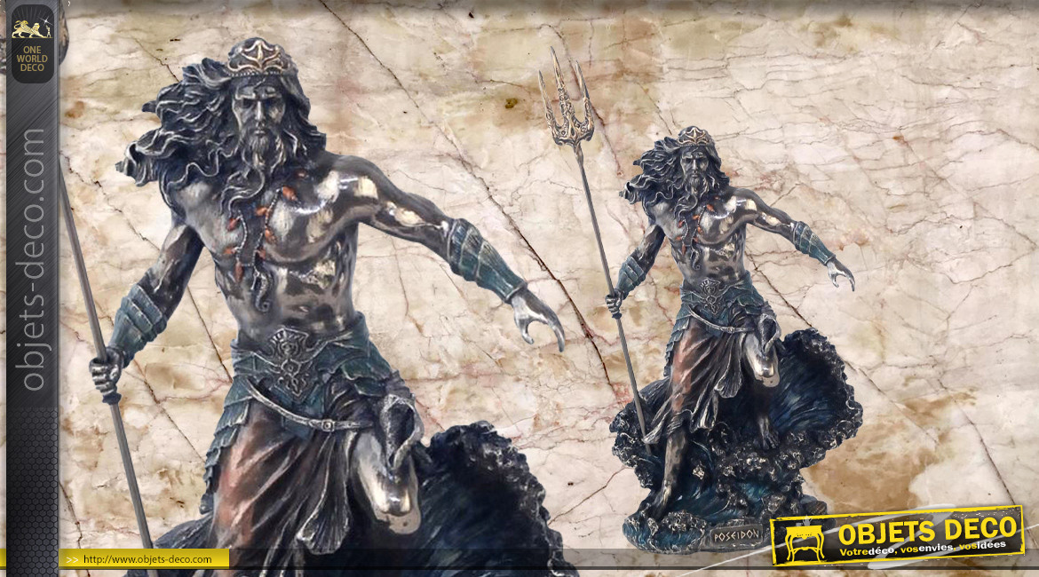 Poseidon, représentation du dieu des mers et des oceans en résine finition vieux bronze, collection Mythologie grecque, 19cm