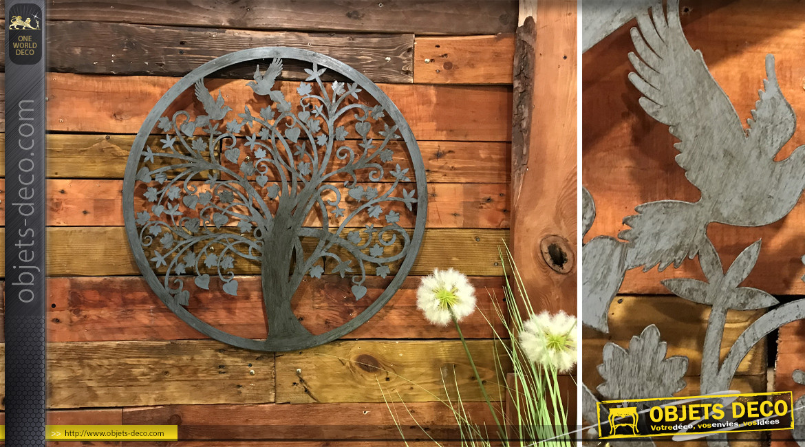 Séquoia, grande décoration d'Arbre de la vie en forme de disque rond, en métal finition gris vieilli, collection DMJ, Ø60cm