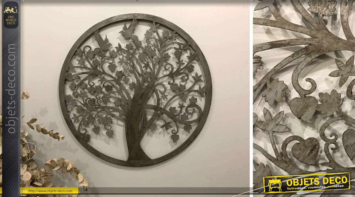 Séquoia, grande décoration d'Arbre de la vie en forme de disque rond, en métal finition gris vieilli, collection DMJ, Ø60cm