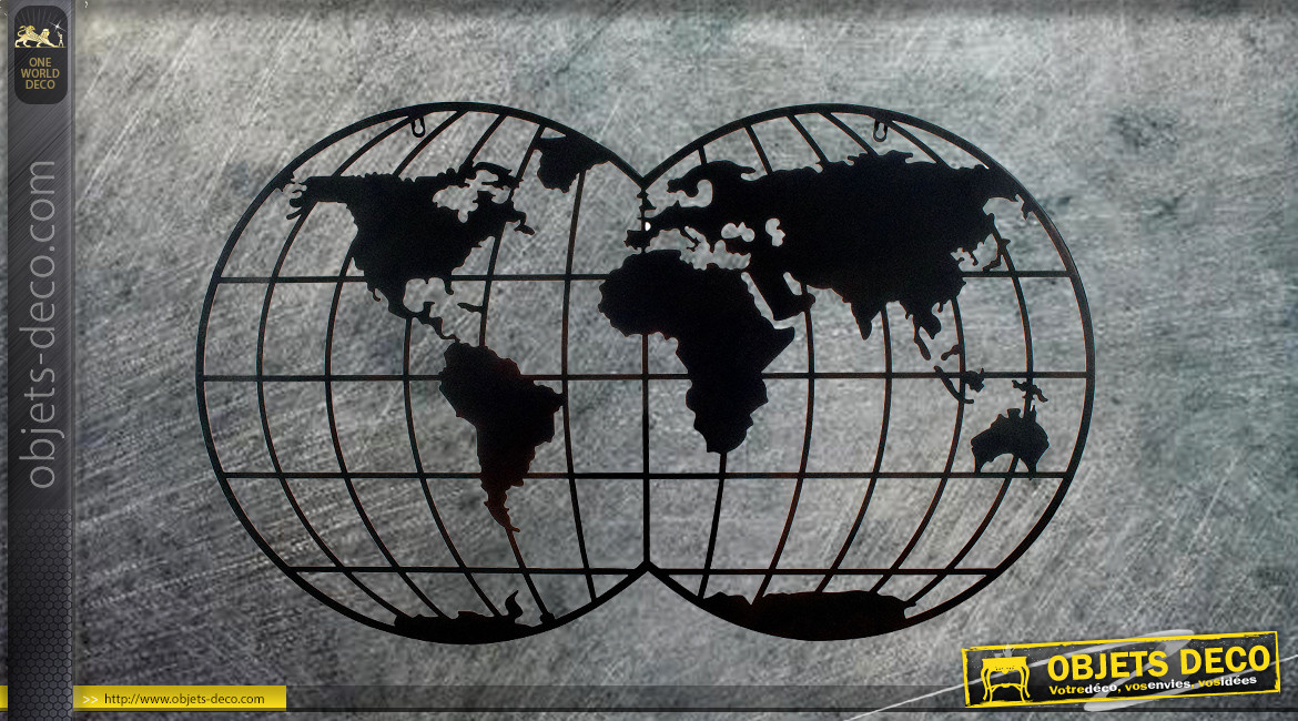Grande carte du monde à suspendre, en métal finition noir charbon, ambiance moderne contemporaine, 100cm