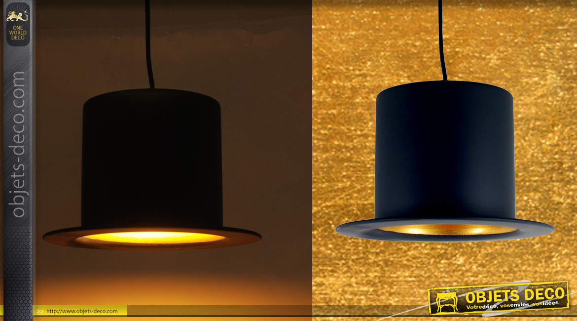 Suspension lumineuse originale en forme de chapeau Haut de forme, en métal finition noir et or, ambiance réro chic, Ø25cm