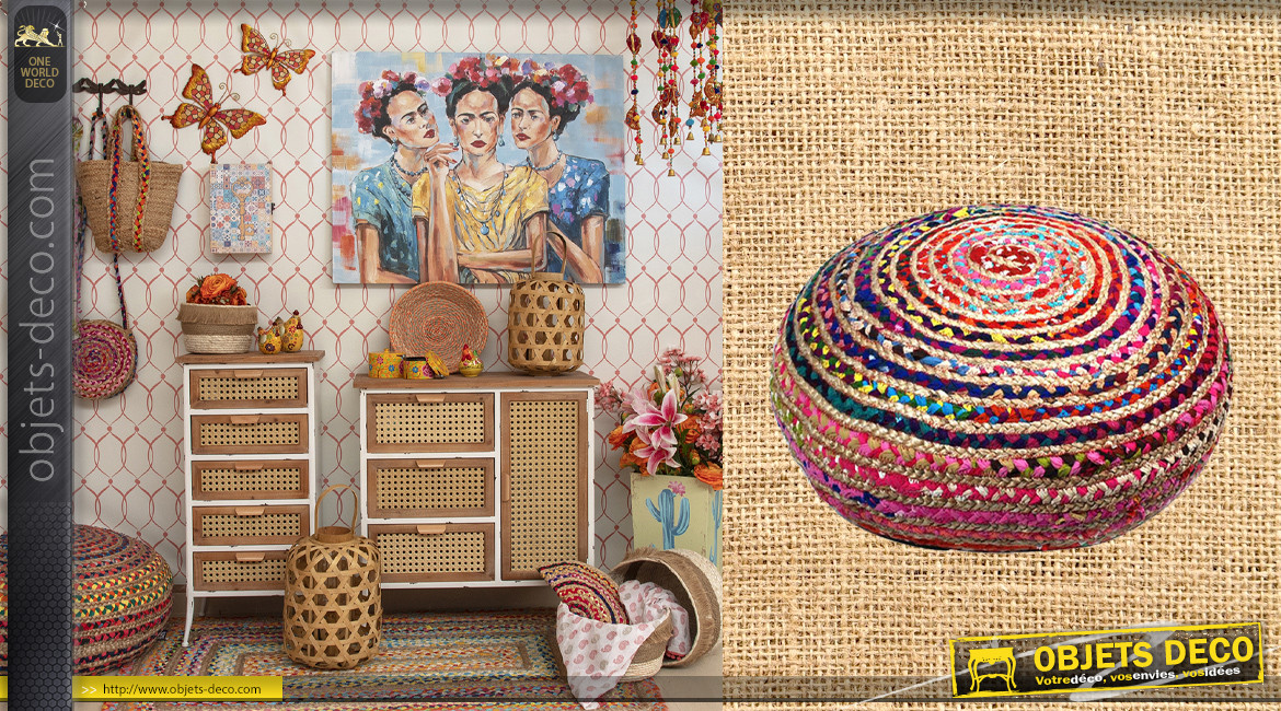 Gros pouf en coton et jute, motifs de tressage Chindi multicolor, ambiance rustique moderne colorée, Ø65cm