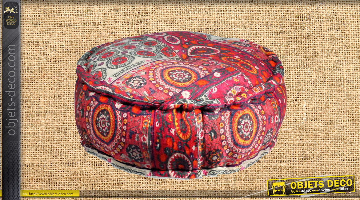 Gros pouf rond en coton avec motifs de mandala teinte framboise, ambiance zen et chaleureuse, Ø60cm