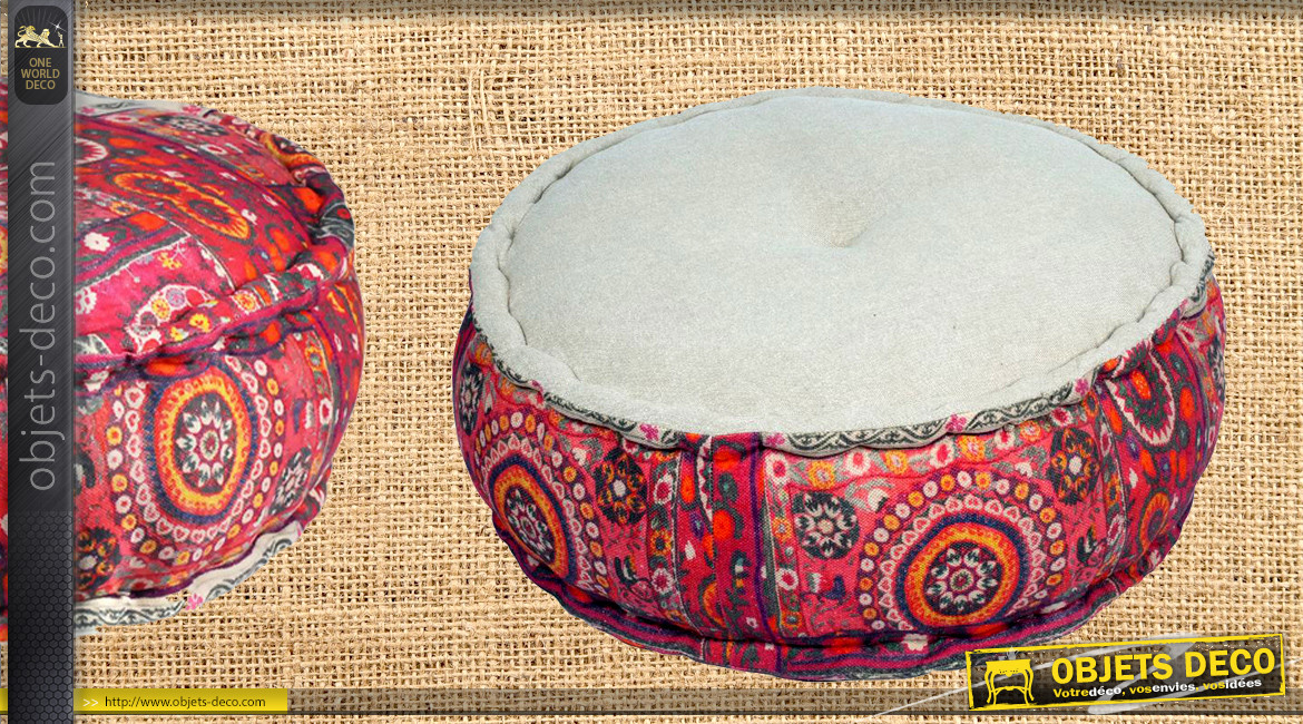 Gros pouf rond en coton avec motifs de mandala teinte framboise, ambiance zen et chaleureuse, Ø60cm