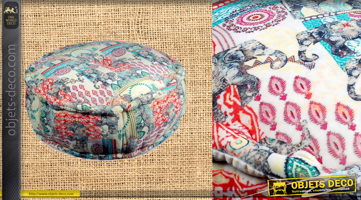 Gros pouf en coton épais avec impressions d'éléphants argentés, ambiance indienne colorée, Ø60cm