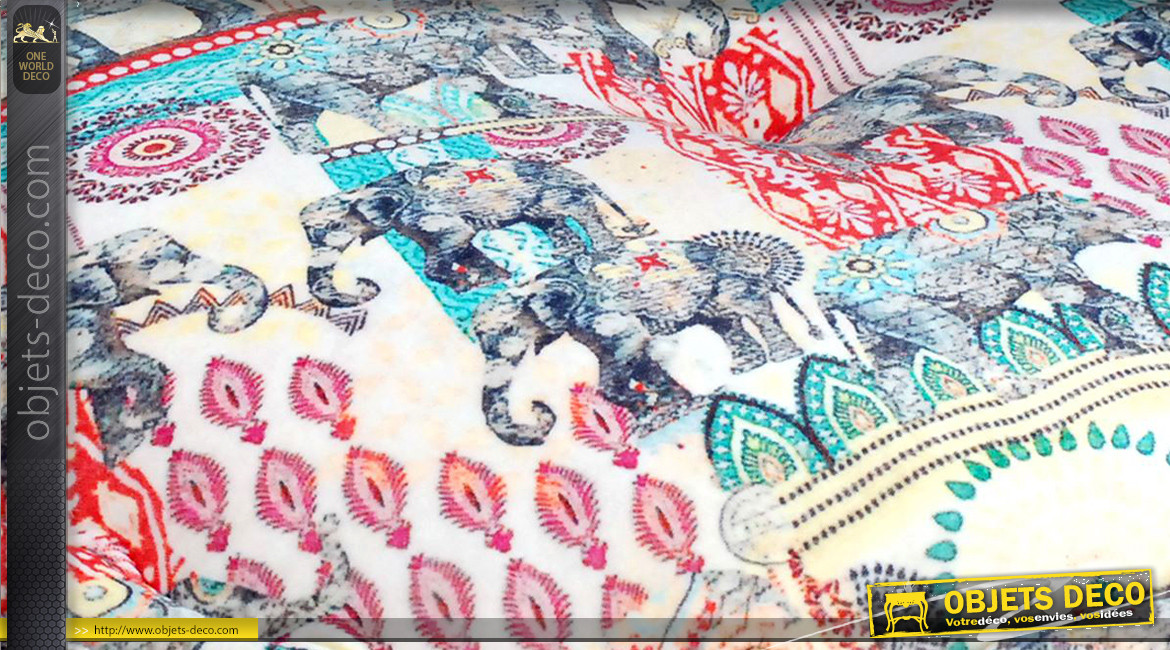 Gros pouf en coton épais avec impressions d'éléphants argentés, ambiance indienne colorée, Ø60cm