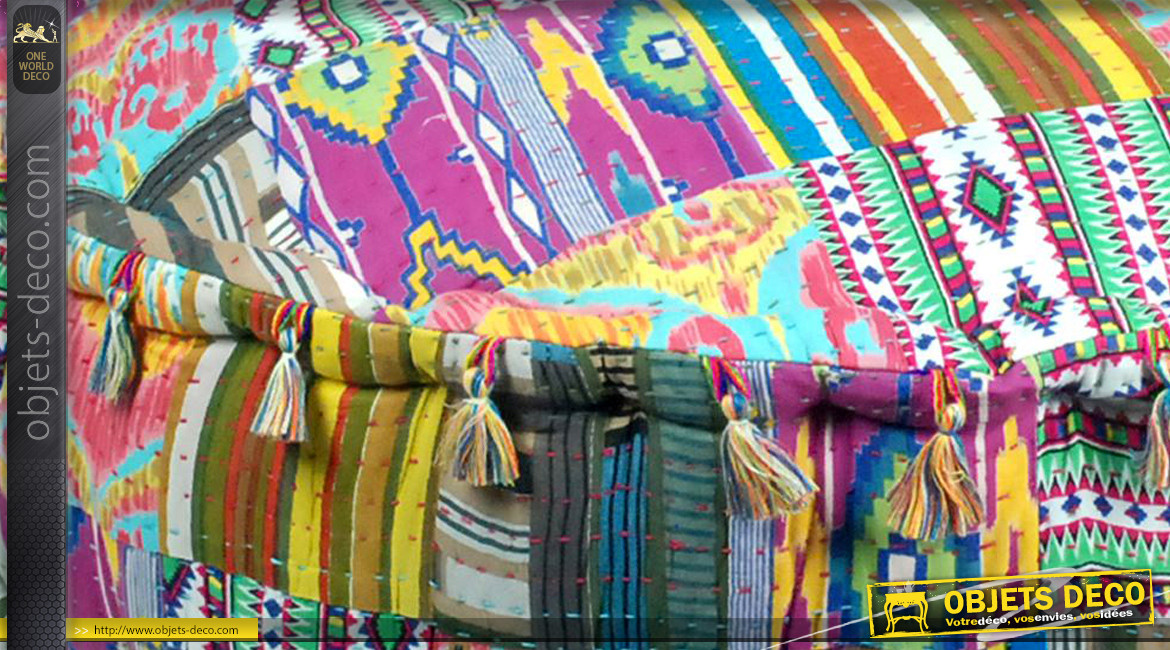 Pouf en coton épais avec effet de composition patchwork multicolore, ambiance contemporaine moderne,Ø60cm