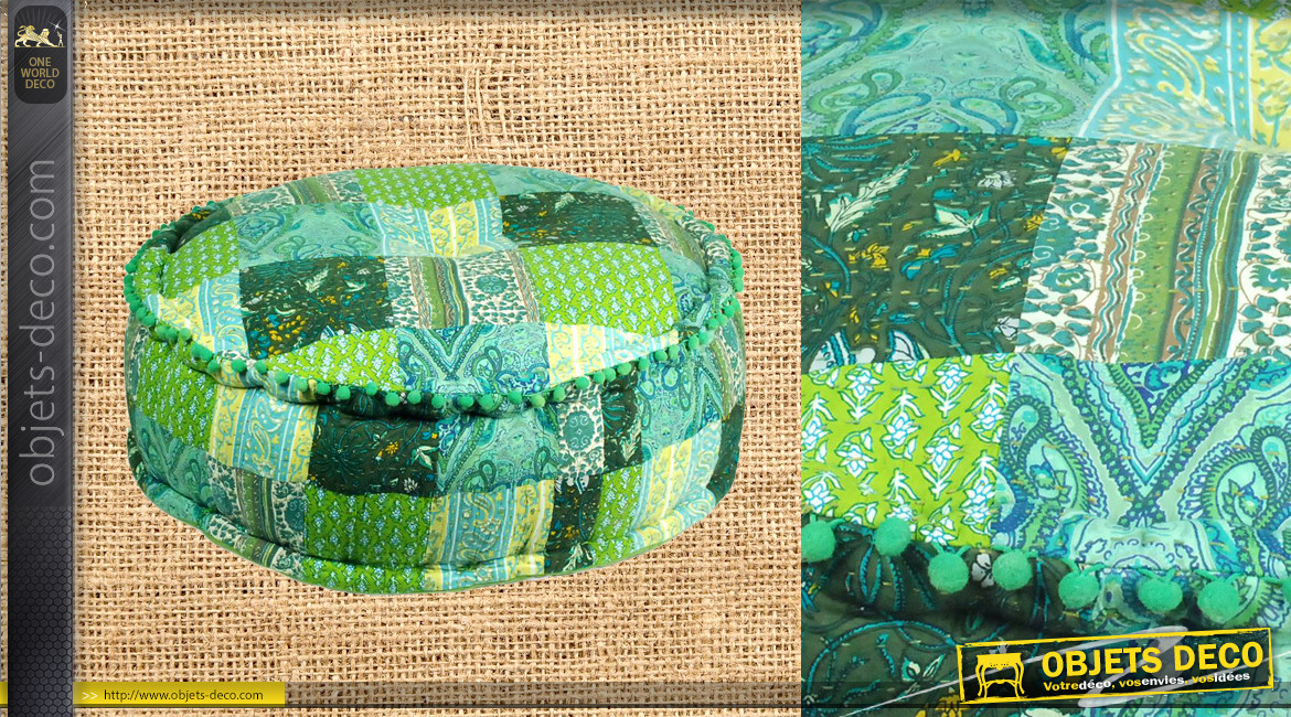 Gros pouf en coton épais effet patwork de tissus teinte de vert, intérieur polyester viscose pour confort optimal, ambiance champêtre, Ø60cm