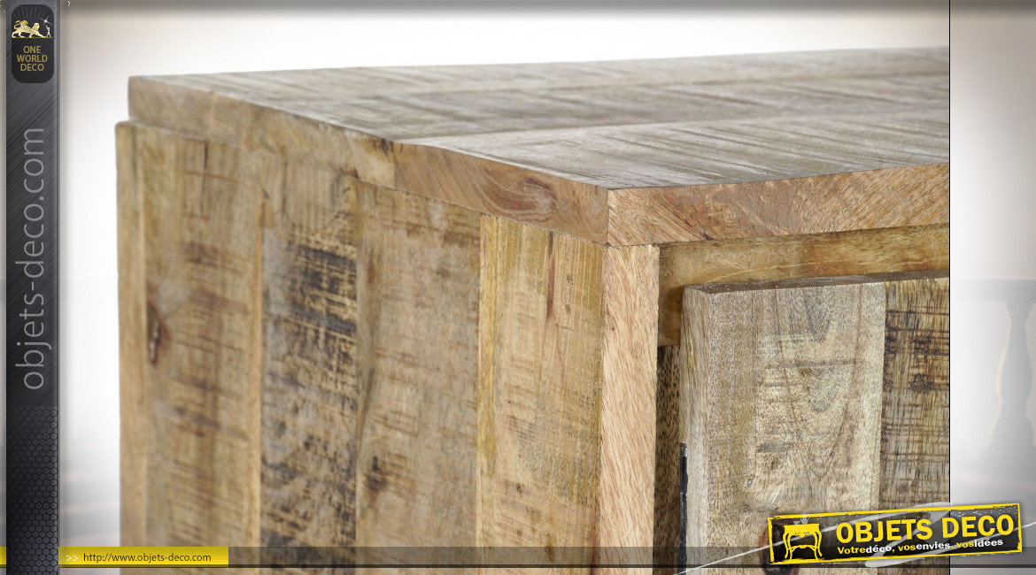 Buffet 3 portes en bois de manguier finition naturelle de style rustique, 140cm